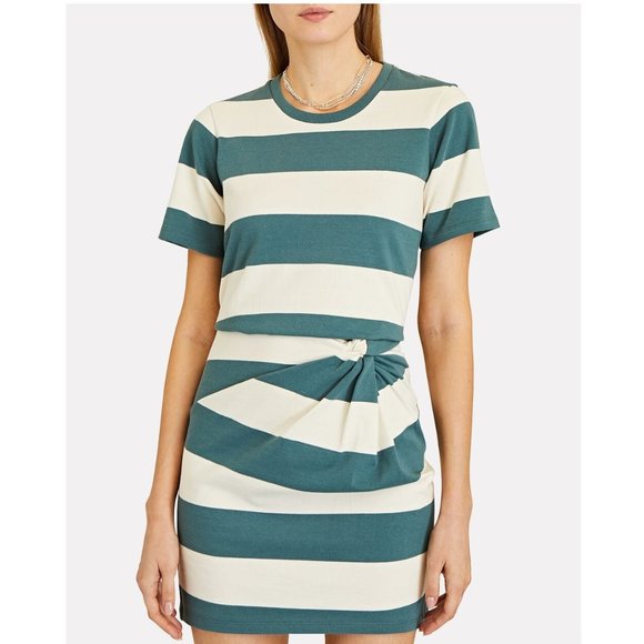 Veronica Beard Tyla Knotted Stripe T-Shirt Dress / Large / Teal Ecru - Picture 2 of 12